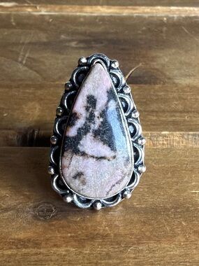 Vintage Bohemian Rhodonite Gemstone Ring Size 7 Women Jewelry Silver 925 Boho